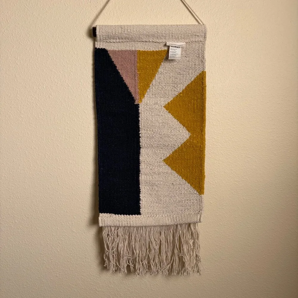 Anthropologie Boho Textured Geometric Wall Tapestry | Neutral + Navy Accents